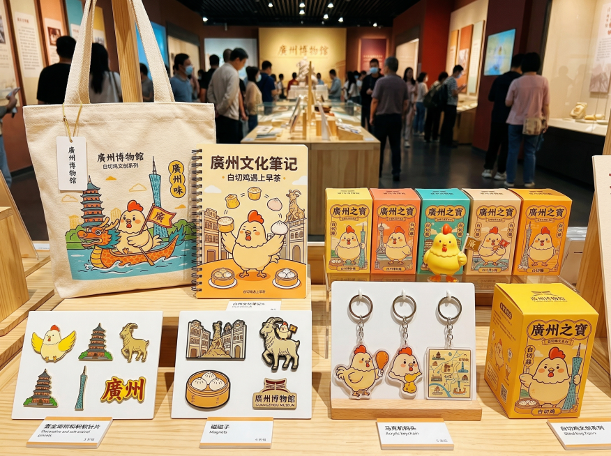 广州博物馆文创系列设计，融合广州地域特色与广东白切鸡元素，包含钥匙扣、冰箱贴、帆布袋、笔记本、徽章、盲盒手办等多款文创产品，Q版白切鸡IP形象搭配镇海楼、五羊雕像、骑楼、早茶点心等广州标志性文化符号，预览效果