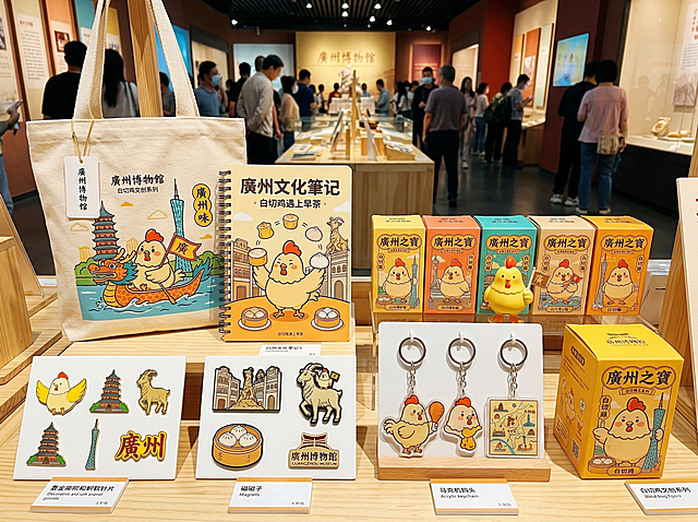 广州博物馆文创系列设计，融合广州地域特色与广东白切鸡元素，包含钥匙扣、冰箱贴、帆布袋、笔记本、徽章、盲盒手办等多款文创产品，Q版白切鸡IP形象搭配镇海楼、五羊雕像、骑楼、早茶点心等广州标志性文化符号，风格活泼可爱兼具文化质感，色彩明快温暖，适配文创产品落地生产