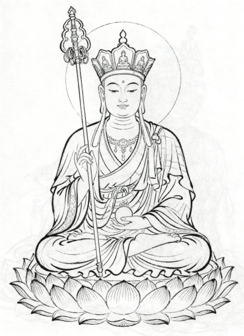 地藏菩萨线稿图，黑白纯线条绘制，清晰干净的线描轮廓，传统佛教人物造型，姿态庄严，细节完整，背景留白，适合上色的手绘线稿预览效果