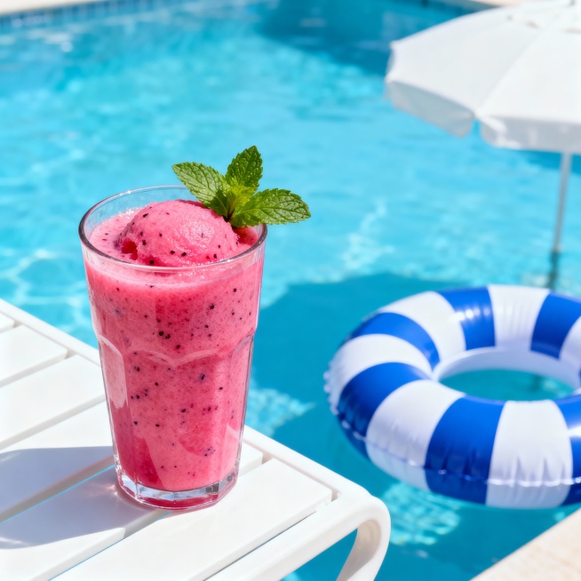 泳池边冰沙消暑场景：红心火龙果冰沙装透明杯，插薄荷叶，放泳池边置物台，旁有漂浮泳圈，蓝白配色，传递夏日冰爽体验，适配饮品推广。预览效果