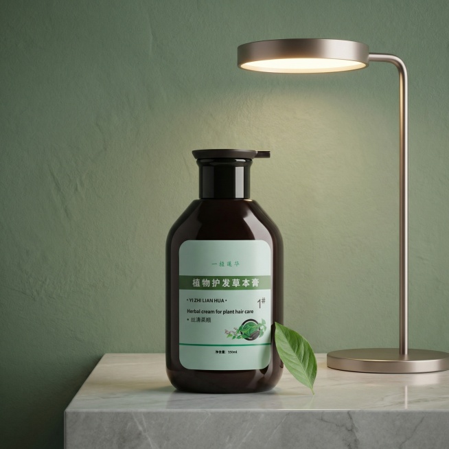 电商主图，深棕色瓶身的护发草本膏放在浅灰色大理石台面上，背景是低饱和度的莫兰迪绿墙面，搭配一盏简约的金属质感台灯，光线柔和温暖，瓶身反射出细腻的光泽，旁边点缀一片新鲜的绿叶作为点缀，整体画面高级简约，预览效果