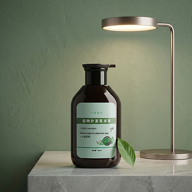 电商主图，深棕色瓶身的护发草本膏放在浅灰色大理石台面上，背景是低饱和度的莫兰迪绿墙面，搭配一盏简约的金属质感台灯，光线柔和温暖，瓶身反射出细腻的光泽，旁边点缀一片新鲜的绿叶作为点缀，整体画面高级简约，突出 “专业养护” 的品质感，产品信息清晰醒目。 1:1尺寸