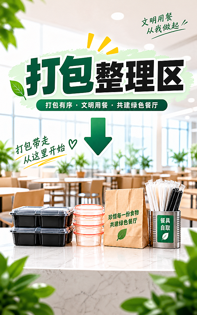 精确复刻参考图的设计风格、版式、配色、文案与装饰元素，画面比例调整为5:8竖版（宽1米×高1.6米）。餐厅打包整理区提示海报，写实商业摄影风格，绿色清新环保主题。画面顶部中央大标题："打包整理区"，"打包"二字为深绿色粗体大字带白色描边，"整理区"三字为黑色粗体大字带白色描边，标题后方有淡绿色笔刷涂抹状背景色块，标题上方有三道黄色光芒线条装饰，标题左侧有一片绿色叶子装饰。标题下方一条深绿色圆角横条，内有白色文字："打包有序·文明用餐·共建绿色餐厅"。横条下方中央一个大号绿色向下箭头，指向下方物品区。右上角有手写风格绿色文字："文明用餐 从我做起"，下方带绿色下划线。左侧有倾斜的手写风格绿色文字："打包带走 从这里开始"，旁边配一个绿色爱心图案，文字下方有黄色曲线装饰。画面下半部分是白色大理石台面，台面上从左到右依次摆放：两叠黑色分格打包餐盒（带透明盖）、一叠透明圆形打包碗（带橙色密封圈）、一个棕色牛皮纸袋（袋身印有绿色文字"珍惜每一份食物 共建绿色餐厅"和一片绿叶图案）、一个银色不锈钢餐具筒（筒身绿色标签写有"餐具自取"和绿叶图案，筒内插满白色和黑色的一次性餐具套装）。背景是明亮的现代餐厅内部，浅木色桌椅整齐排列，远处有绿色植物点缀，大面积玻璃窗透进自然光，整体氛围干净明亮温馨。画面左下角和右下角有虚化的绿色叶子作为前景装饰，增加景深。整体色调以绿色、白色、木色为主，清新自然。画面中所有文字必须与参考图完全一致，不得改写、简化或编造。画面四周保留安全边距，排版精美，高清8K级画质，适合打印张贴。