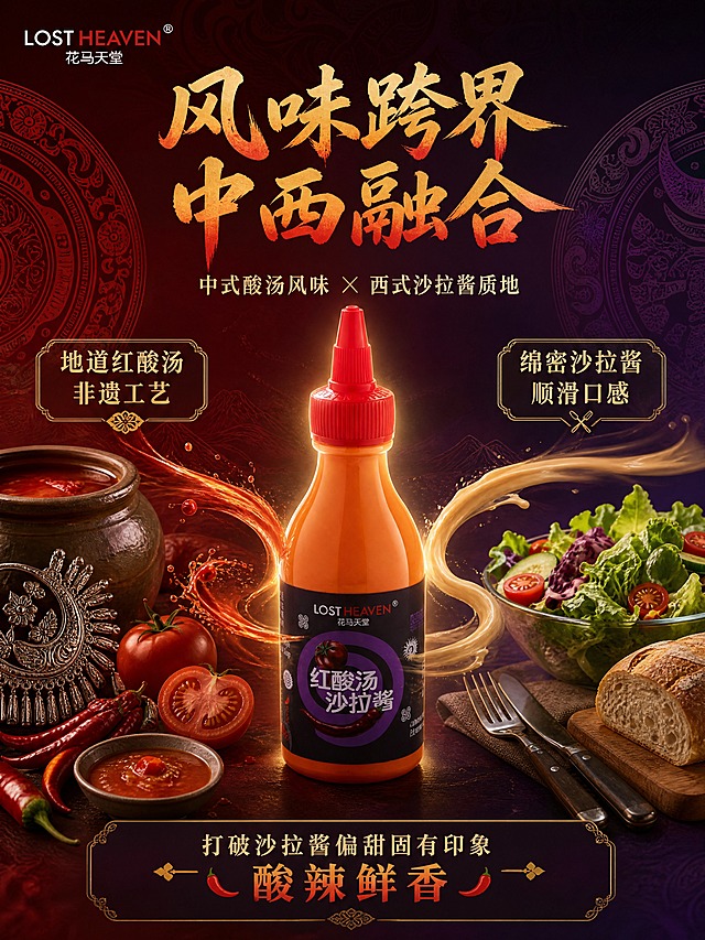 [商品] 使用产品实拍图中的LOST HEAVEN花马天堂红酸汤沙拉酱瓶；保留橙色挤压瓶身、红色尖嘴瓶盖、黑色标签及标签上所有文字和图案，不改变瓶身形状和标签内容。
[画面] 页面目标：表达中式酸汤与西式沙拉酱的跨界融合。画面中央产品瓶为核心，左侧呈现中式元素（陶坛酸汤、红辣椒、番茄、苗族银饰纹样），右侧呈现西式元素（沙拉碗、面包、刀叉），两股风味从两侧汇聚到中间瓶身，形成融合交汇的视觉效果。背景为深红到深紫的渐变，叠加传统纹样。左上角放置LOST HEAVEN花马天堂店铺logo。
[视觉] 套系策略：风格=暗调高级国风美食商业摄影；标题字=金红渐变毛笔书法大字；正文字=简洁宋体/黑体；主色=深紫+酒红；背景延展=基于深紫色和酒红色做深浅层级渐变，叠加苗族传统纹样暗纹；强调色=金箔色，仅用于小面积图标、引线、标签和光效；标题色=金红渐变（上金下红）；正文色=暖金色/米白色；组件=圆角金边信息卡、细线金色引线；光影=正前方暖金柔光，两侧有轮廓光勾勒元素。
[文字] 画面上方大字主标题"风味跨界 中西融合"，副标题"中式酸汤风味 × 西式沙拉酱质地"，左侧中式区配文字"地道红酸汤 非遗工艺"，右侧西式区配文字"绵密沙拉酱 顺滑口感"，底部文字"打破沙拉酱偏甜固有印象 酸辣鲜香"。左上角LOST HEAVEN花马天堂logo。
[规格] 图片比例3:4竖版，4K，避免变形、错字、文字过小、冷蓝背景、瓶身形状改变、标签文字错乱。