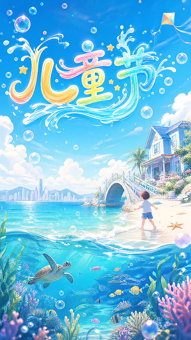 竖版六一儿童节海报，清新海洋插画风格。简约远景城市建筑朦胧勾勒，碧海长空澄澈明净，彩色泡泡随风飘散。海底珊瑚海藻摇曳，小鱼海龟自在游弋。海面波光粼粼，一名孩童驻足海边嬉戏。滨海小屋清新雅致，弧形浅桥临海而立。画面搭配炫彩浪花描边艺术字 “儿童节”，字体活泼灵动，整体灵动治愈，满是欢快童真