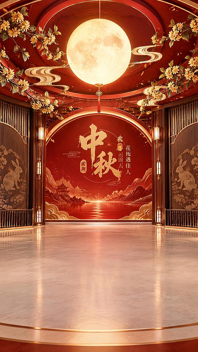 8K超高清Octane渲染，竖版9:16专业电商直播间，新中式国潮中秋场景，红金主背景搭配鎏金线条。弧形中式穹顶造型背景，穹顶中央悬挂巨大柔光圆月，四周环绕鎏金祥云与桂花枝，背景两侧是简约中式木质护墙板，点缀浅金色玉兔暗纹。整体空间开阔，地面极简空旷无展台，均匀室内柔光，画面大气喜庆，视觉冲击力强，浓厚中秋送礼氛围，预留主播站立空间，实景合成商业直播背景，美妆护肤礼盒带货场景，2K高清，9:16竖构图。