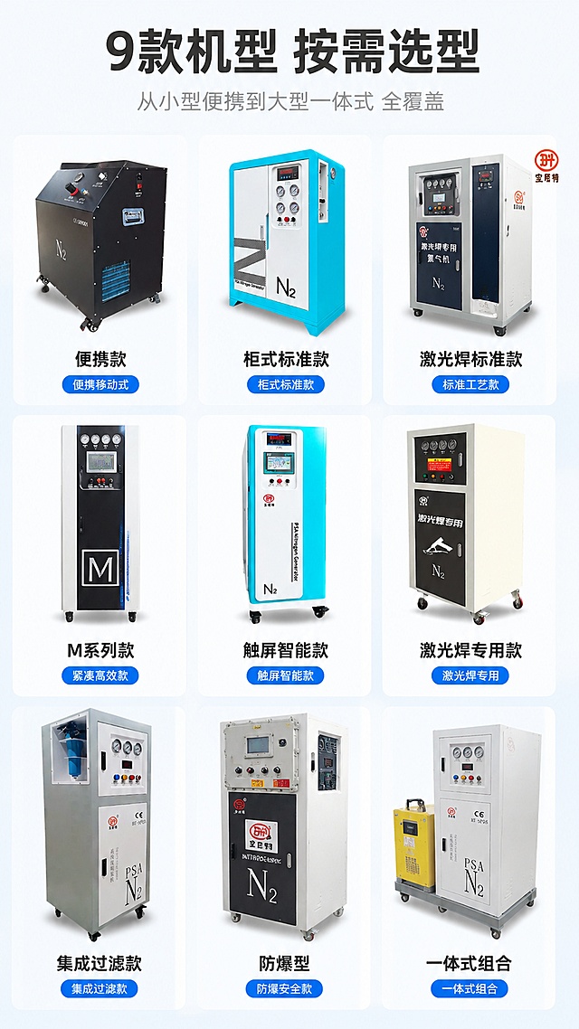 [第8屏] 多型号矩阵——全系列9款机型规格定位总览。本屏使用【图1】【图2】【图3】【图4】【图5】【图6】【图7】【图8】【图9】全部9款产品小图展示。
[氛围/风格] 产品矩阵风，浅色简洁背景，清晰展示各型号差异，专业选型指南感。
[元素布局] 画面采用3x3九宫格布局，每格展示一款制氮机小图，下方标注型号名称和核心特点；9款产品按尺寸从小到大、从便携到大型排列；第一行：【图2】黑色便携款、【图1】蓝白柜式款、【图7】白深蓝激光焊款；第二行：【图6】黑白M标款、【图3】蓝白触屏款、【图5】米白激光焊款；第三行：【图4】灰白带视窗款、【图8】白灰防爆款、【图9】白黄一体式组合款；每款产品外观结构与输入图一致。
[光影质感] 均匀柔光，每款产品清晰明亮，格子有轻微阴影悬浮感，整体干净整齐。
[配色色系] 全局底色 #F7F9FC 极浅灰蓝；主色 科技蓝 #1A73E8；辅助色 深灰文字、白色卡片、浅灰分隔线。
[视角构图] 正面平视，九宫格对称布局，阅读动线顶部标题→逐行浏览各型号。
[文字版式] 顶部标题「9款机型 按需选型」，深灰粗黑体；副标题「从小型便携到大型一体式 全覆盖」，浅灰色；每格下方标注型号简称和一个核心标签，如「便携移动式」「柜式标准款」「触屏智能款」「激光焊专用」「防爆型」「一体式组合」等；标签用蓝色圆角胶囊样式。
[比例分辨率] 9:16竖版比例，4K分辨率，文字清晰可辨，高清画质。
[负向提示词] 产品变形，排列混乱，颜色偏差，水印，文字过小，型号标注错误。