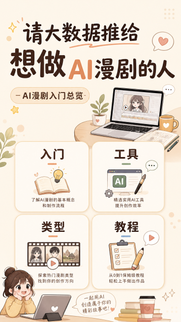 小红书图文封面，AI漫剧入门总览，大标题写着"请大数据推给想做AI漫剧的人"，包含入门、工具、类型、教程四个板块，整体风格简约温馨，暖米色背景，清晰图文排版，去掉所有水印，文字无错别字，竖版适合小红书预览效果