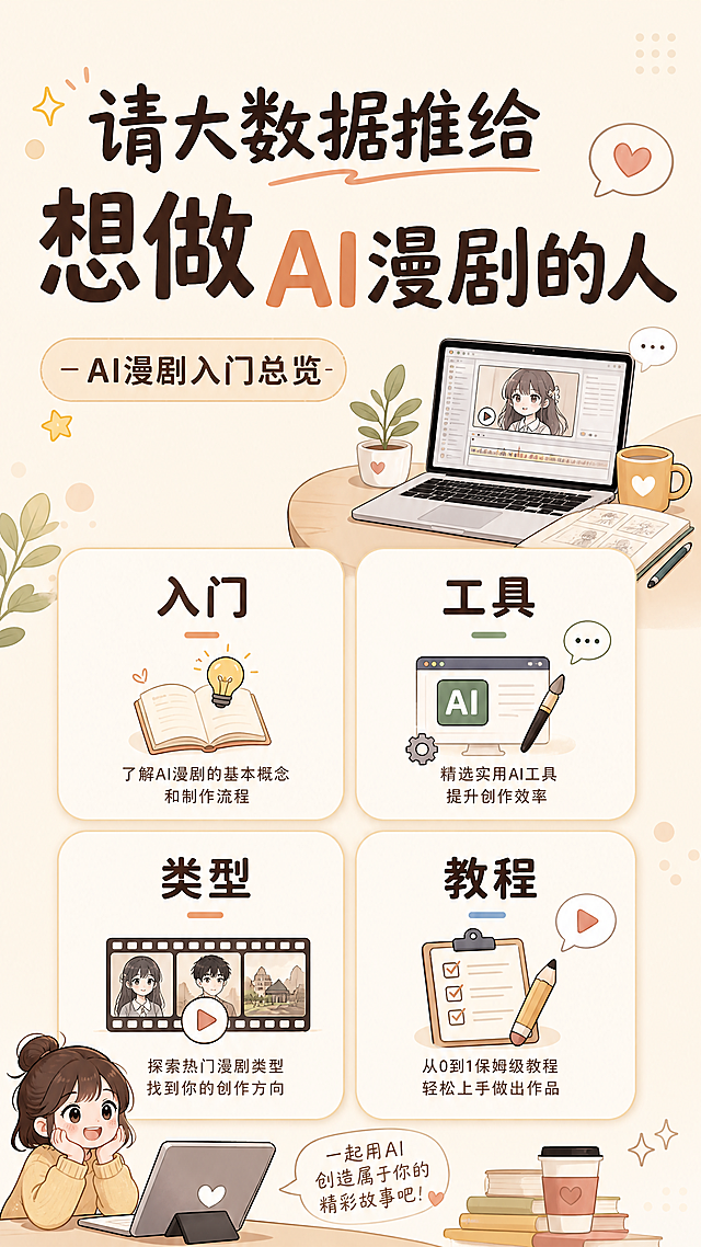 小红书图文封面，AI漫剧入门总览，大标题写着"请大数据推给想做AI漫剧的人"，包含入门、工具、类型、教程四个板块，整体风格简约温馨，暖米色背景，清晰图文排版，去掉所有水印，文字无错别字，竖版适合小红书发布