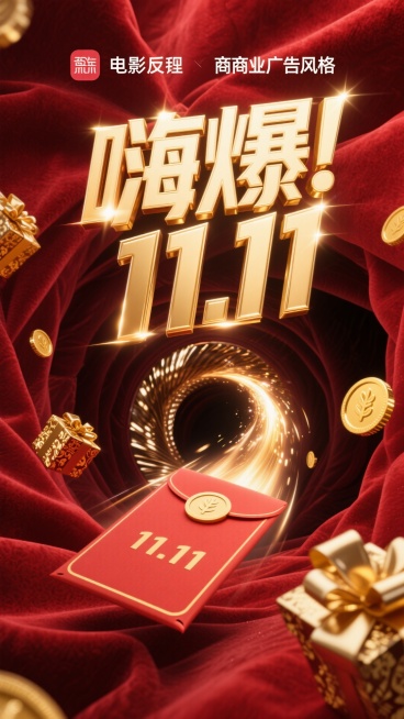 8K 超高清画质，如电影级商业广告画面般精致，摄影级别的专业呈现。画面以浓郁的红色作为背景主色调，仿佛是红丝绒质地，散发着奢华且热烈的光泽。醒目的标题 “嗨爆 11.11” 以立体金色大字呈现，字体边预览效果