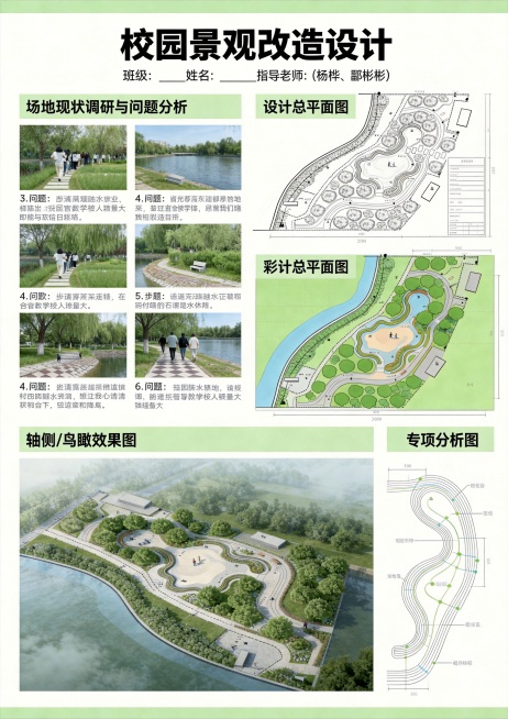 将展板副标题中姓名后面的横线位置扩大，保留其他所有内容和排版风格不变：A2尺寸，主标题“校园景观改造设计”，副标题“班级：____ 姓名：____ 指导老师：（杨桦、鄢彬彬）”，清新绿色浅灰色白色配色预览效果
