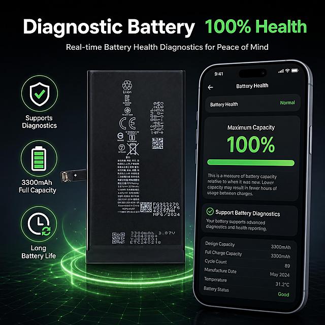 [主图-2] Core value & diagnostic battery performance: Demonstrate diagnostic-enabled battery with full capacity, long battery life and health verification, showing battery health diagnostic interface.
[Visual style] Premium digital tech aesthetic, deep black tech style with green energy accents, clean and restrained, soft layered lighting; main colors deep black + cool gray + green energy accents, modern sans-serif bold font, rounded thin stroke semi-transparent card style.
[Composition] Center-left shows the battery product standing upright with subtle green energy glow at bottom; right side shows a phone screen mockup displaying Battery Health diagnostic interface with "Maximum Capacity: 100%" and "Support Battery Diagnostics" message, green progress bar indicating full health; around the composition, 3 small circular feature icons float: one for 100% battery health, one for full capacity 3300mAh, one for diagnostic support; overall balanced composition on dark gray gradient background.
[Lighting & texture] Commercial photography quality, battery with matte black finish, phone screen mockup with bright clear display, green energy glow creating premium tech atmosphere, soft shadows.
[Color palette] Dark gray gradient background, green as energy and health highlight color, white + light gray text.
[Typography] Top main title "Diagnostic Battery  100% Health"; 3 feature labels below icons: "Supports Diagnostics", "3300mAh Full Capacity", "Long Battery Life"; unified modern sans-serif font, main title largest, feature labels medium size.
[Output requirements] 1:1 square aspect ratio, diagnostic feature clearly communicated, product clear, text legible; NO distortion, typos, blur, messy decoration, watermark, platform logo.