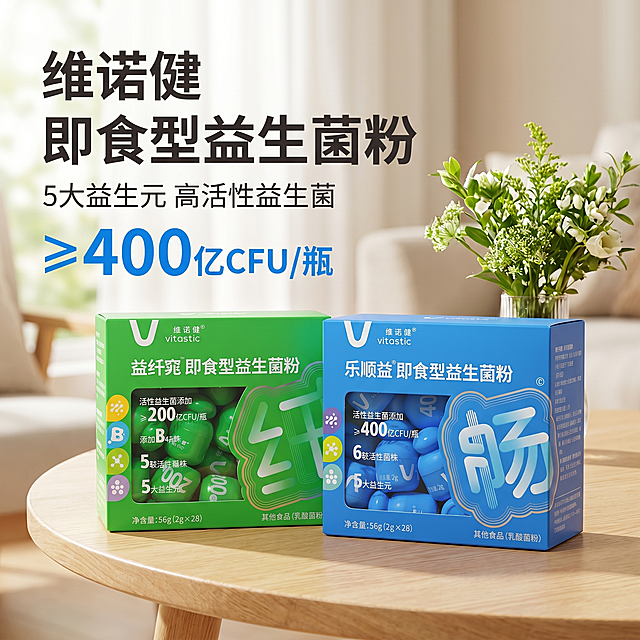 [主图 1] 维诺健即食型益生菌粉产品首图展示。[氛围风格] 温馨舒适家居治愈风，高级质感。[画质] 商业摄影质感，光线柔和通透，产品清晰真实，画面干净高级，充满健康活力氛围。[元素] 蓝盒乐顺益和绿盒益纤窕两款益生菌粉包装盒居中摆放，背景为明亮干净的浅木色家居桌面，搭配一小束新鲜绿植点缀，营造自然健康的生活氛围。保持两款产品包装盒的外观、颜色、文字信息与输入产品图绝对一致，杜绝任何变形、色差和文字错乱，精细化处理每个细节。商品主体占比严格控制在70%左右，画面满屏无边框。[光影] 自然柔和的室内散射光，主光从左前方打来，给产品轮廓打出柔和高光，背景均匀明亮，整体光影通透干净，没有生硬阴影。[配色] 主色调为浅木色米白，搭配产品本身的蓝色和绿色，清新自然高级。[视角构图] 平视拍摄，景深适中，产品清晰突出，背景简洁干净。[文字版式] 左上负空间左对齐留安全边距，主标题“维诺健 即食型益生菌粉”用最大号粗体深灰色无衬线字体，副标题“5大益生元 高活性益生菌”约为标题一半大小。核心数据使用大号蓝色字体标注，蓝盒“≥400亿CFU/瓶”，绿盒“≥200亿CFU/瓶”，对比清晰突出，文字不遮挡产品主体。[比例分辨率] 1:1 比例，2k 分辨率，文字清晰可辨，超高清。[负向提示词] 变形，水印，文字错乱，产品图模糊，背景杂乱，牛皮癣，配色刺眼，遮挡主体，绝对化违禁词，疾病治疗宣传。