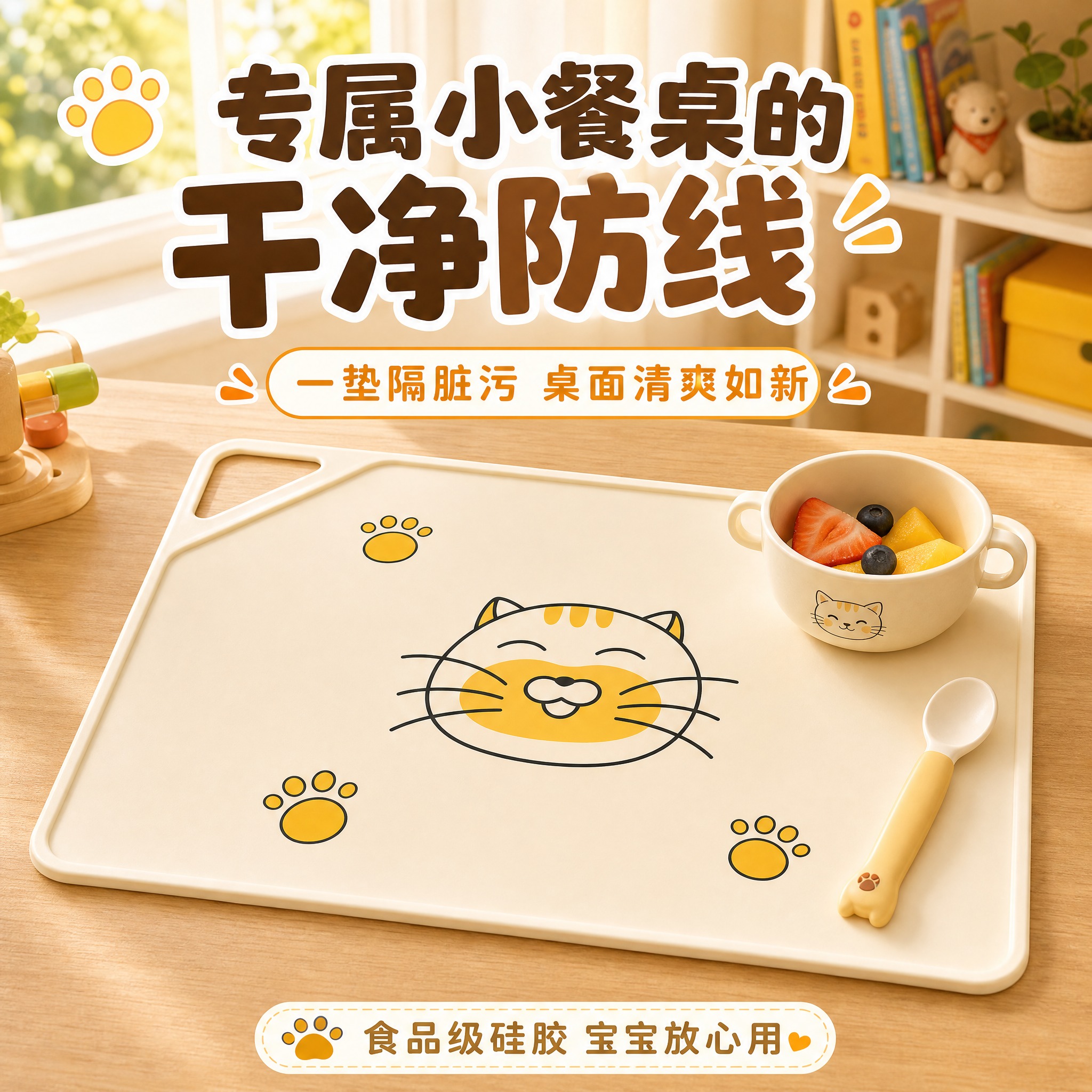 [主图-1] 天猫淘宝首图，展示儿童卡通猫咪硅胶餐垫的核心卖点… - 图片创意预览