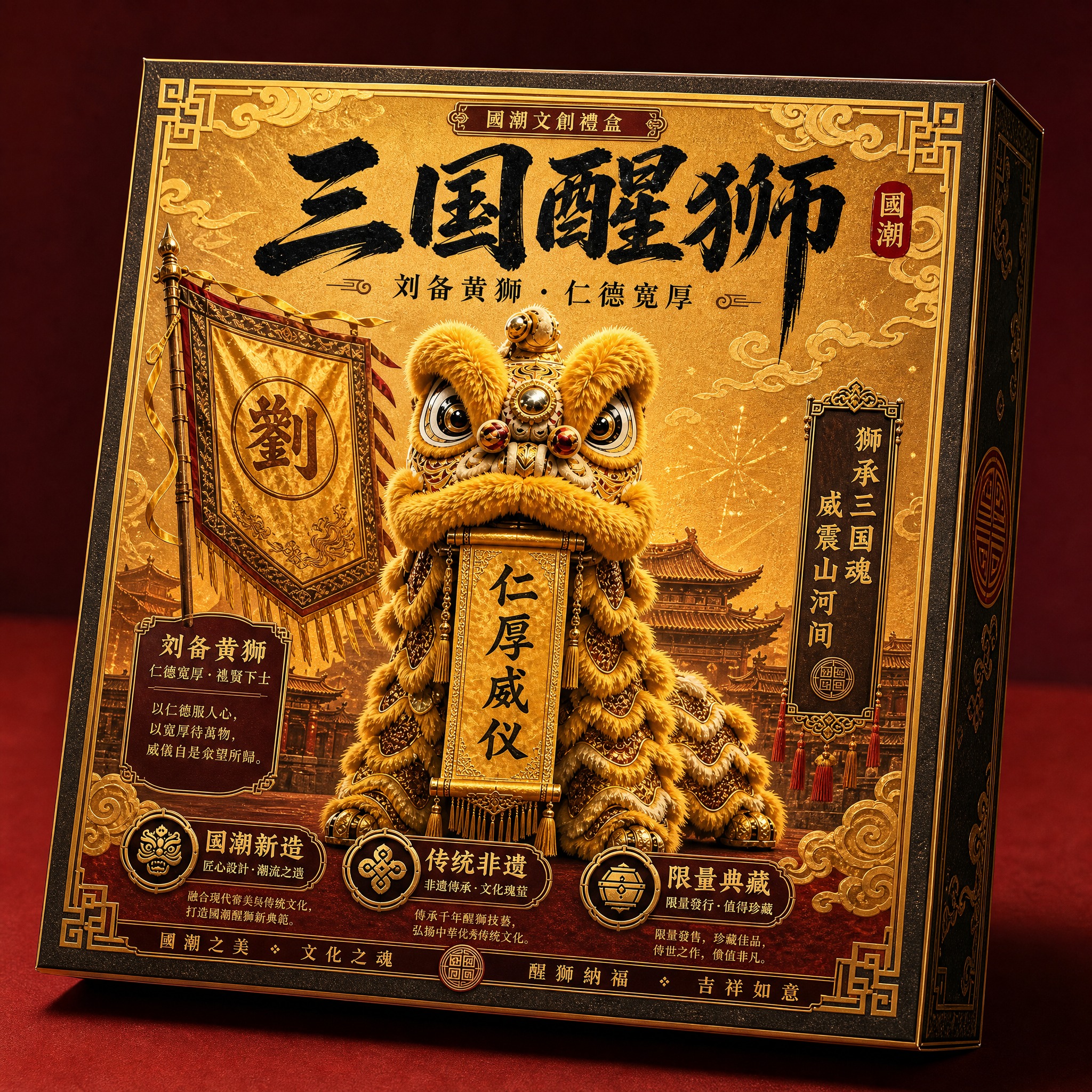 国潮文创礼盒包装正面效果图，刘备黄狮款。方形硬盒包装，正面中央… - 图片创意预览