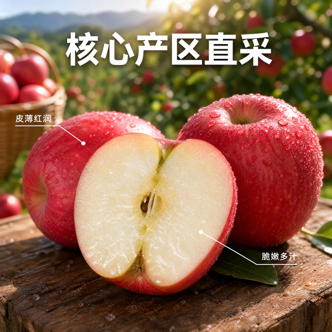 [主图-2] 红玫瑰苹果核心亮点展示图
[氛围风格] 新鲜真实，产地溯源，高信任度
[画质] 商业摄影质感，光线柔和通透，产品清晰真实，画面干净高级
[元素] 保持红玫瑰苹果外观与输入产品图绝对一致，预览效果