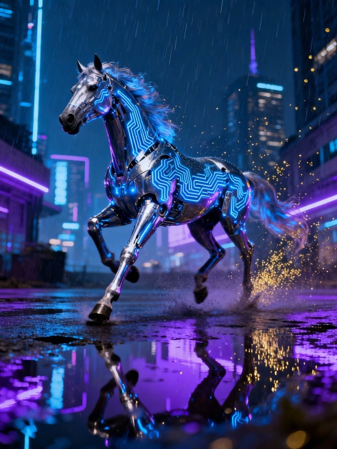 未来科技感马年主视觉，半机械半生物发光骏马在霓虹城市奔跑，金属马身透出蓝色电路纹路，背景赛博朋克风格建筑群，地面水洼倒影紫色霓虹，雨丝中的金色粒子光效，3：4的比例，预览效果