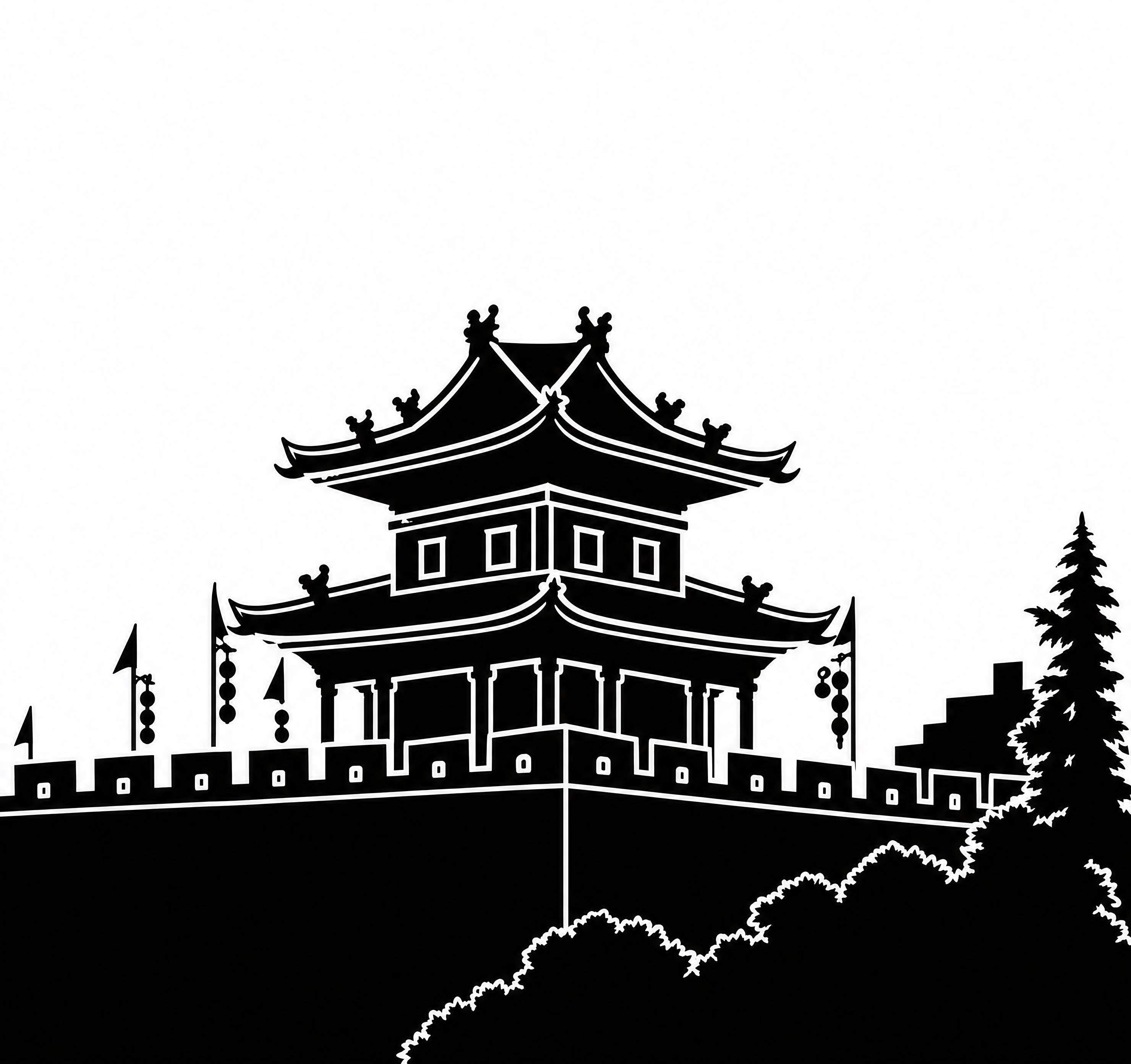 去除浅蓝色天空背景，将背景改为纯白色，建筑整体为纯黑色剪影，轮… - 图片创意预览