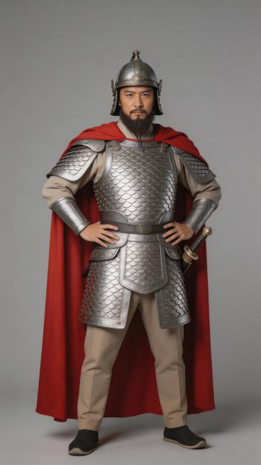 全身照，正视图，灰色背景现实风格，纹理细腻，全身站立，严格6:8头身比例，体态匀称，腿部修长，东方人体比例，精准稳定。四十岁东方男性，国字脸，高颧骨，胡须浓密，眼神冷酷，身穿银色鱼鳞甲，红色披风，头戴预览效果