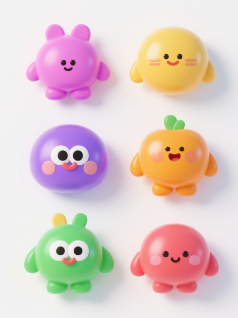 3D风格，6个不同配色、不同样式、不同材质的卡通风格3D元素，保持圆润可爱的造型特征，具有光滑的塑料质感和明亮的色彩表现，每个元素拥有独特的表情和姿态，整体排列整齐，置于纯白色背景上，光线均匀柔和，无明显阴影，突出物体的立体感和色彩鲜艳度，充满童趣和活泼氛围。预览效果