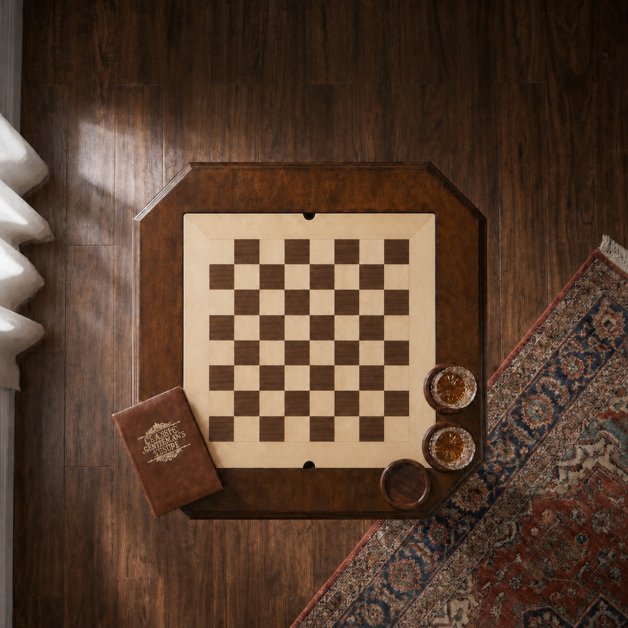 将场景中的棋盘桌面严格替换为新上传图1的棋盘样式：8×8深浅棕… - 图片创意预览