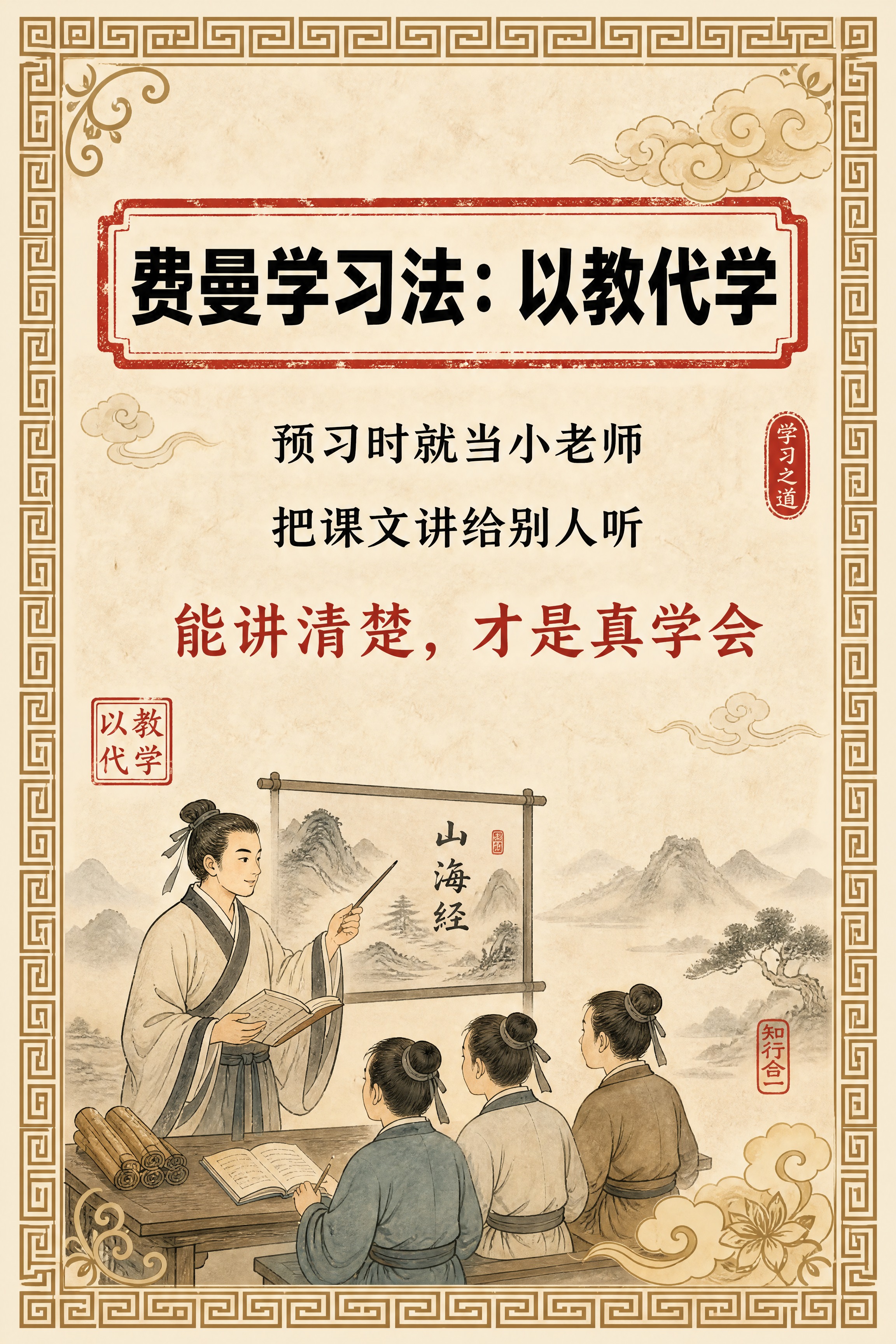 小红书笔记内页，费曼复述卡介绍卡片，国风山海经风格，米黄色宣纸… - 图片创意预览