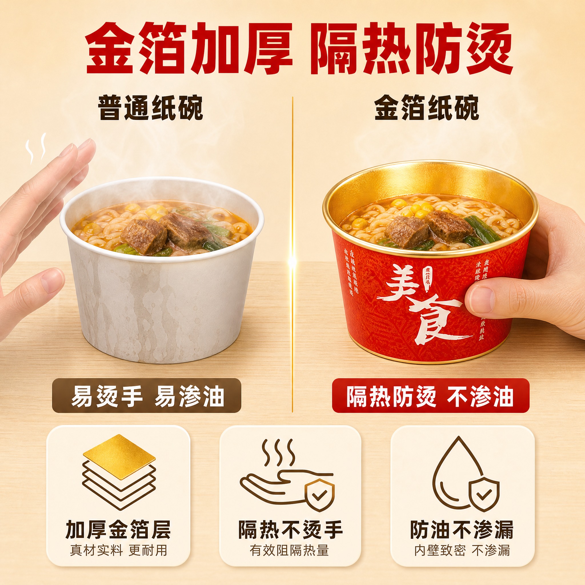 [主图-2] 金箔纸碗核心卖点图，突出金箔加厚隔热防烫功效，用… - 图片创意预览