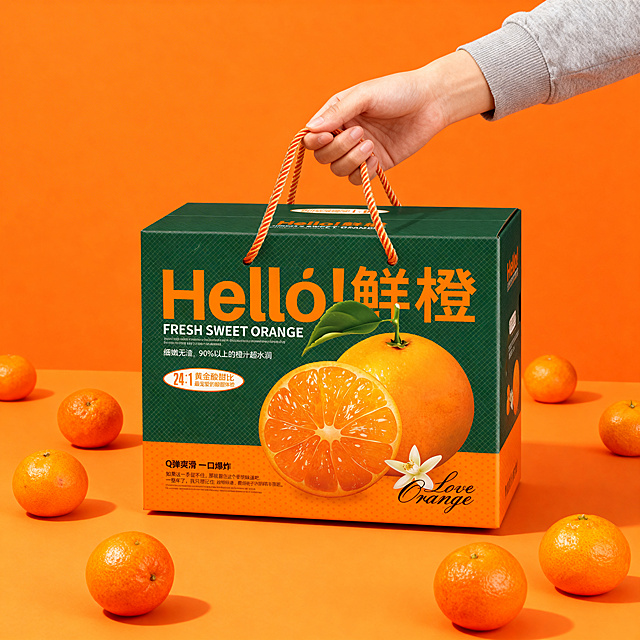 一只手提着鲜橙手提瓦楞礼箱，仅展示盒子的正面，保持正面包装物理结构和文字绝对不变，严禁扭曲变形模糊。整体为橙色同色系场景，周围点缀散落新鲜橘子，时尚简约真实摄影风格，暖调自然商业光影，4K清晰真实质感，保持1:1尺寸。