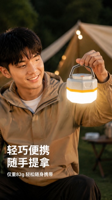 [第6屏] 人物使用展示-户外露营手持多功能露营灯。本屏使用【图1】作为产品主体。
[氛围/风格] 真实户外场景，生活化氛围感，自然暖调。
[元素布局] 亚洲年轻男性模特半身出镜，单手提着露营灯，放置预览效果