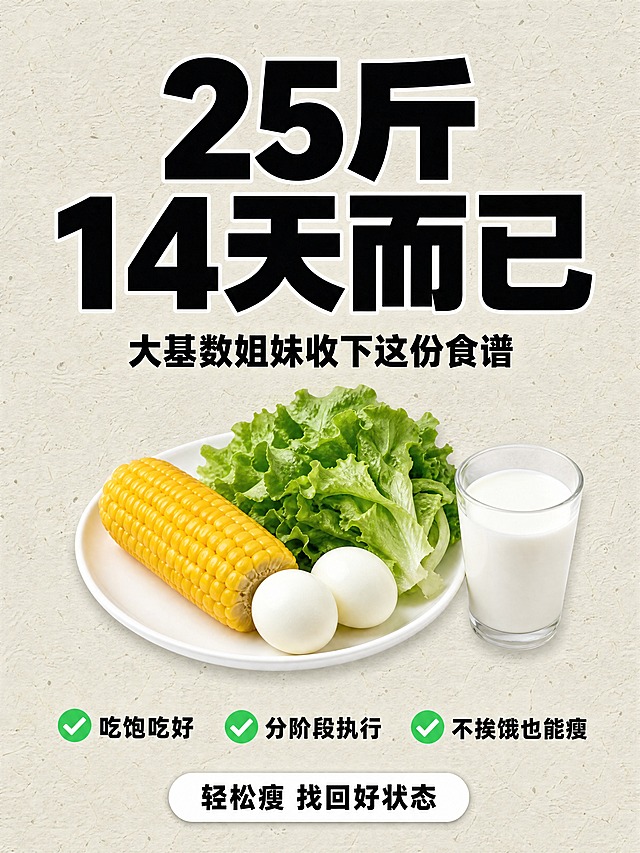 小红书笔记大字封面，配图大字，ins清新减脂科普风，版式精美，小红书笔记封面质感，适合信息流点击。背景层：米白色#DEDBD0细腻手工和纸纹理，表面有不规则短纤维压纹，均匀散布针尖大小的深褐色纸浆小点，质感类似宣纸，纹理细腻均匀无渐变。画面顶部居中：近黑色#0A0A0A超粗黑体（思源黑体Heavy）分两行显示，第一行「25斤」，第二行「14天而已」，两行文字总宽度约占画面宽度75%，字号超大，文字带1px白色外描边，清晰锐利，逐字锁定不得增删改字。其下方一行副标题：黑色粗体「大基数姐妹收下这份食谱」，字号约为大标题的40%，居中对齐。画面正中央偏下位置：写实摄影风格的减脂餐盘组合，包含玉米1根、水煮蛋2个、牛奶1杯、生菜若干，摆盘精致有食欲；食物整体抠净白底，带向下2px模糊4px的轻微投影，像贴纸悬浮在纸面上，食物组合总高度约占画面高度30%。画面底部：3个翠绿#2ECC71对勾图标 + 黑色粗体文字横向等距排列，依次为「吃饱吃好」「分阶段执行」「不挨饿也能瘦」，图标与文字对齐工整。最底部：白色#FFFFFF圆角胶囊标签，内有黑色粗体文字「轻松瘦 找回好状态」，居中放置。整体布局：四周留10%安全边距，全部元素居中对齐，行距宽松，信息层级清晰。文字精准无错字，引号内文字原样呈现，不出现二维码、logo、水印、品牌名、假英文、乱码，排版对齐工整，字体清晰。画质：高清细腻，和纸肌理真实，文字边缘锐利，主标题与背景强对比。画面比例3:4，4K。