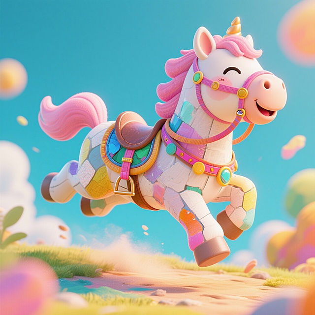 梦幻软3D粘土风独角兽，色彩斑斓拼贴机身，卡通可爱表情，超现实童话场景，充满甜蜜梦幻感。