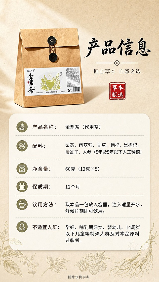 [商品] 使用【图1】康正时养金鼎茶牛皮纸信封式外袋包装；保留包装外观、颜色和标签版式；产品放置在画面左侧或上方，占画面约35%。
[画面] 目标：规格信息页，清晰展示产品参数与配料信息。构图：左图右文或上图下文布局，产品外袋在一侧，另一侧为信息卡片区；信息区用浅色圆角卡片承载参数表格；背景为浅米色纯净背景；底部有淡墨草本装饰；整体≥3层信息层级（产品图/标题/参数表）。
[视觉] 套系策略：风格=东方草本新中式商业摄影；标题字=书法宋体/国风手写体；正文字=现代简洁宋体；主色=牛皮纸暖棕+草木橄榄绿；背景延展=基于浅米杏色做宣纸纹理、同色渐变和温润光影层次；强调色=朱砂红，仅用于小面积印章、图标和引线；标题色=深墨黑；正文色=暖棕灰；组件=细线引线、圆角米白信息卡、印章式标签；光影=正面暖柔光，清晰干净。
[文字] 顶部主标题「产品信息」；参数表包含：产品名称：金鼎茶（代用茶），配料：桑葚、肉苁蓉、甘草、枸杞、黑枸杞、覆盆子、人参（5年及5年以下人工种植），净含量：60克（12克×5），保质期：12个月，饮用方法：取本品一包放入容器，注入适量开水，静候片刻即可饮用，不适宜人群：孕妇、哺乳期妇女、婴幼儿、14周岁以下儿童等特殊人群及对本品原料过敏者；文字全部横排，字号保证手机端清晰可读；底部小字「图片仅供参考」。
[规格] 图片比例9:16竖版，4K分辨率，负向提示：避免功效词、医疗暗示、内袋、文字竖排、错字、文字过小、冷蓝背景、包装变形、绝对化用语。