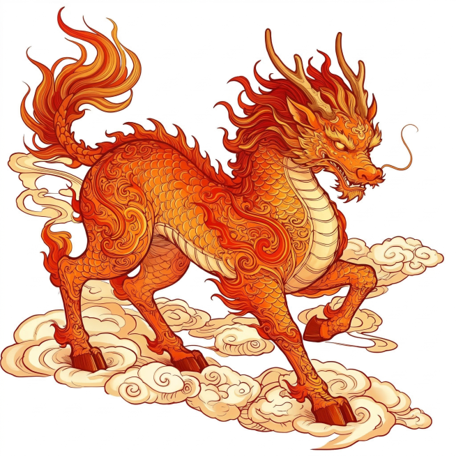 参考图1的国潮插画风格，仿画参考图2的麒麟线稿，使用图1的风格，保留麒麟和祥云的构图，保留图2的细节，生成国潮红色麒麟插画预览效果