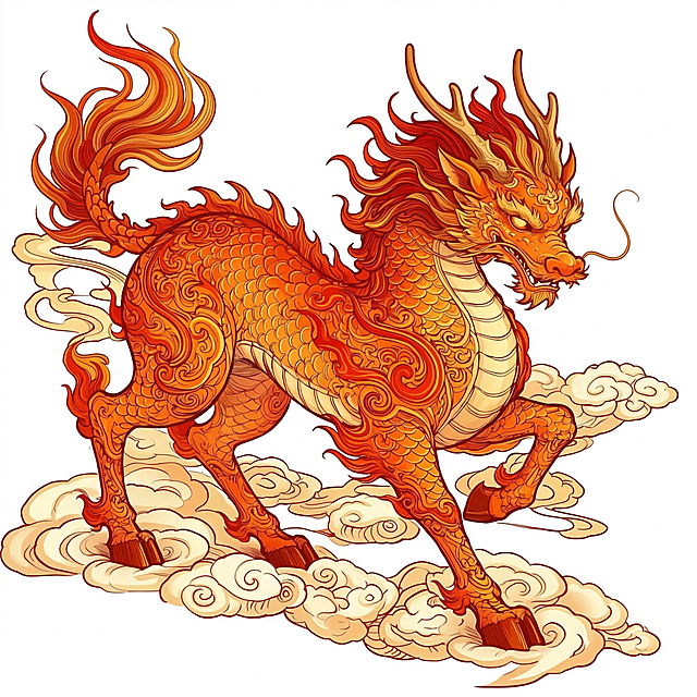 参考图1的国潮插画风格，仿画参考图2的麒麟线稿，使用图1的风格，保留麒麟和祥云的构图，保留图2的细节，生成国潮红色麒麟插画