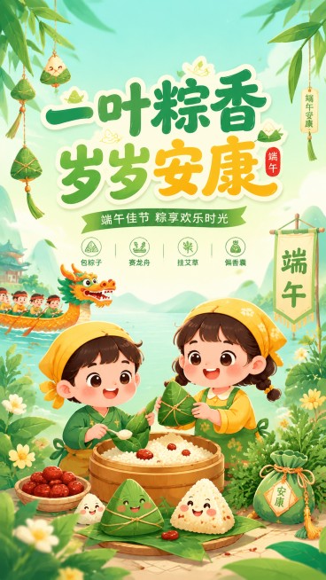 童趣风格端午节活动宣传海报，设计风格为可爱扁平插画，整体氛围活泼轻松，主标题为"一叶粽香"，副标题为"岁岁安康"，核心文字清晰放置在画面中，主视觉绘制可爱卡通粽子和小朋友包粽子互动的场景，搭配粽叶、艾预览效果
