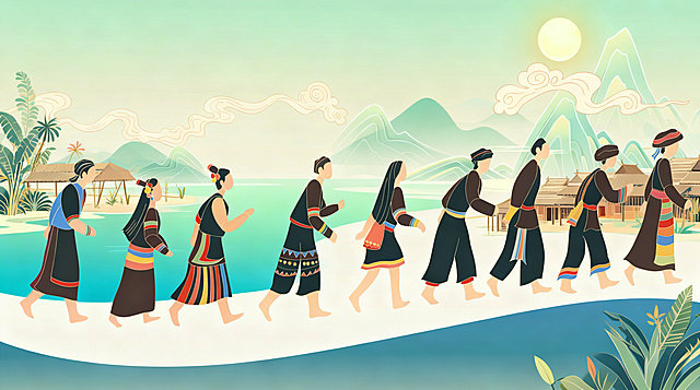 重新生成，保留原图人物行走动线、服饰造型与国潮扁平插画风格，清晰绘制左侧糯海厄大湖泊，在画面间隙穿插点缀本土植物、简易传统村寨建筑，增加云朵层次，清晰展现拉祜族在北方居住地生活后准备南迁的叙事感，保持整体清新简洁，细节添加克制不杂乱