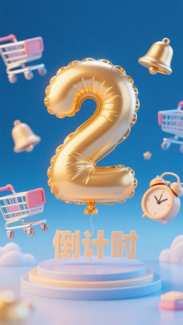 巨大的金色数字“2”的气球，下方小标题“倒计时”，购物车，铃铛，闹钟悬浮在周围，冷色调，促销氛围预览效果