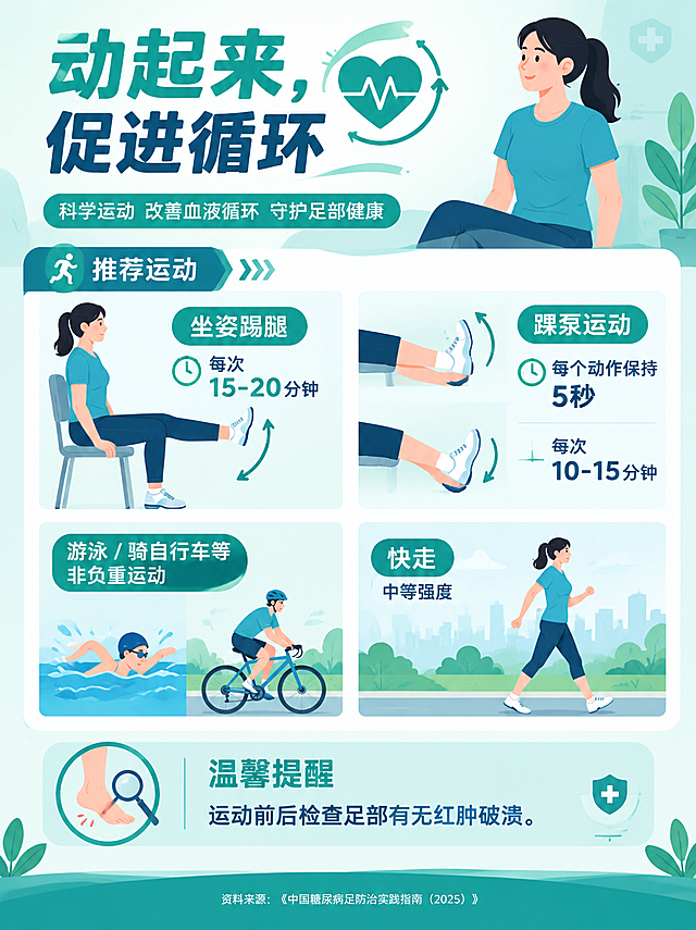 医疗科普信息图，标题文字"动起来，促进循环"，展示人物动作插画：坐姿踢腿和踝泵运动，文字列出推荐运动：坐姿踢腿每次15-20分钟、踝泵运动每个动作保持5秒每次10-15分钟、游泳骑自行车等非负重运动、快走中等强度，底部提醒：运动前后检查足部有无红肿破溃。蓝绿色医疗风格，扁平设计，页脚标注"资料来源：《中国糖尿病足防治实践指南（2025）》"