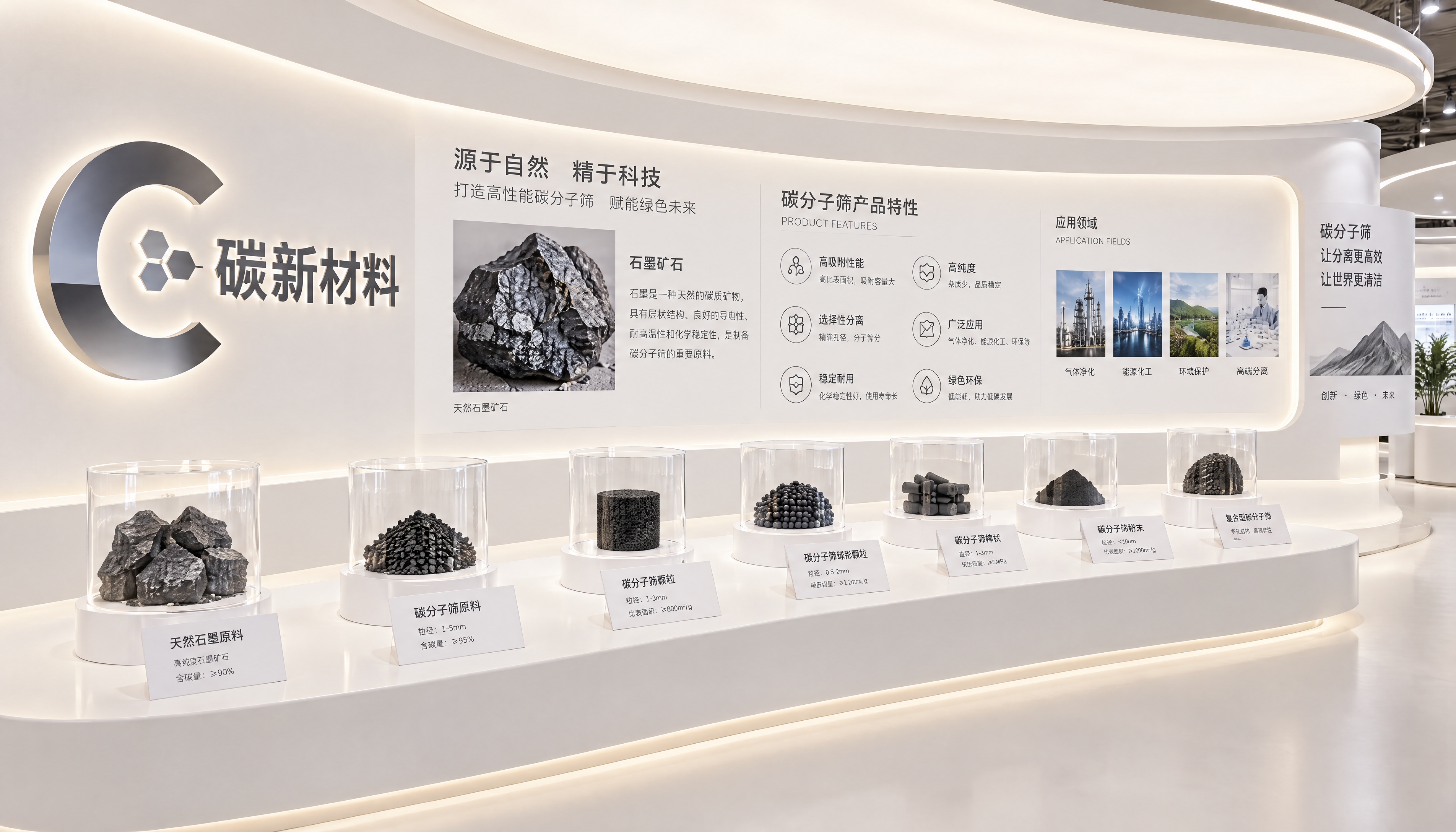 碳分子筛企业展厅产品展示区效果图，现代简约风格。白色弧形展墙，… - 图片创意预览