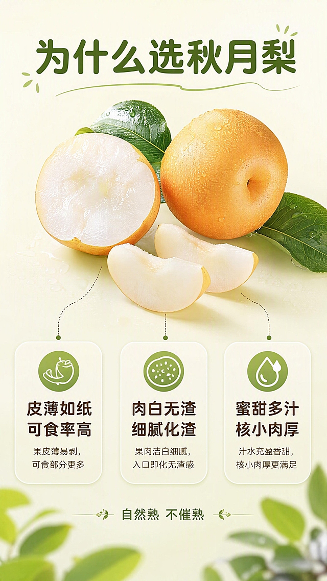 [第4张] 详情页核心卖点拆解-秋月梨三大核心理由。本张使用【图1】作为产品主体，完整梨与切面组合展示。
[氛围/风格] 清新信息图风格，干净明亮，商业摄影+信息排版结合。
[元素布局] 画面中部偏上为秋月梨产品组合（完整梨+切面+2片梨瓣），占比约45%；梨下方引出3条引线分别连接左中右三个卖点卡片；背景为浅米色+淡绿色渐变，底部有虚化叶片装饰；梨的外观、颜色、果肉质感与输入图一致。
[光影质感] 顶部均匀柔光，梨身自然高光，底部柔和投影，整体干净明亮。
[配色色系] 全局底色 #FBF8EF（浅米白）；主色暖橙+翠绿；辅助色米白卡片+深棕文字。
[视角构图] 中心产品式构图，产品在上，三栏卖点在下，阅读动线上方产品 → 下方三栏卖点从左至右。
[文字版式] 顶部主标题「为什么选秋月梨」7字圆润黑体深绿色；中部产品下方3个圆角矩形卖点卡片等宽排列：
左卡「皮薄如纸 可食率高」配削皮小图标；
中卡「肉白无渣 细腻化渣」配果肉纹理小图标；
右卡「蜜甜多汁 核小肉厚」配水滴小图标。
每个卡片主标题+一行小字说明。底部标注「自然熟 不催熟」。字形字色与全套统一。
[比例分辨率] 9:16竖版，4K分辨率，文字清晰可辨。
[负向提示词] 梨变形，颜色偏差，水印，文字过小看不清，卡片排版混乱，产品模糊。