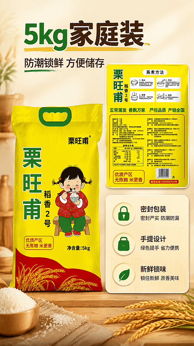 [商品] 使用【图1】正反两面包装袋（正面主展示+背面小图露出）；保留包装袋所有文字、颜色、图案、Logo、营养成分表、蒸煮方法说明等原貌；包装袋结构比例不变。
[画面] 目标：包装细节与储存页，突出5kg家庭装、防潮锁鲜、方便储存。构图：左侧正面包装袋大图（占画面约50%），右侧上方背面包装细节特写（蒸煮方法/营养表区域放大），右侧下方信息区；展示绿色提手、密封包装、家庭装规格。≥3层层次：前景主包装、中景细节特写+信息卡、后景暖调浅背景。
[视觉] 套系策略：风格=国内电商食品详情页·家常温馨商业摄影；标题字=粗黑体+书法感大字；正文字=简洁无衬线黑体；主色=暖米黄+稻穗金；背景延展=基于暖米黄做深浅层级、同色渐变和细腻纸张质感；强调色=稻穗绿；标题色=深棕+稻穗绿点缀；正文色=深暖灰；组件=圆角浅底信息卡、细线引线、图标；光影=柔和正面光，包装细节清晰。
[文字] 右上横排主标题"5kg家庭装"，副标题"防潮锁鲜 方便储存"，下方3个包装卖点带icon："密封包装"、"手提设计"、"新鲜锁味"；文字全部横排。
[规格] 图片比例9:16竖版，4K，负向提示：避免包装文字错乱、变形、错字、文字过小、冷蓝背景、绝对化用语、二维码。