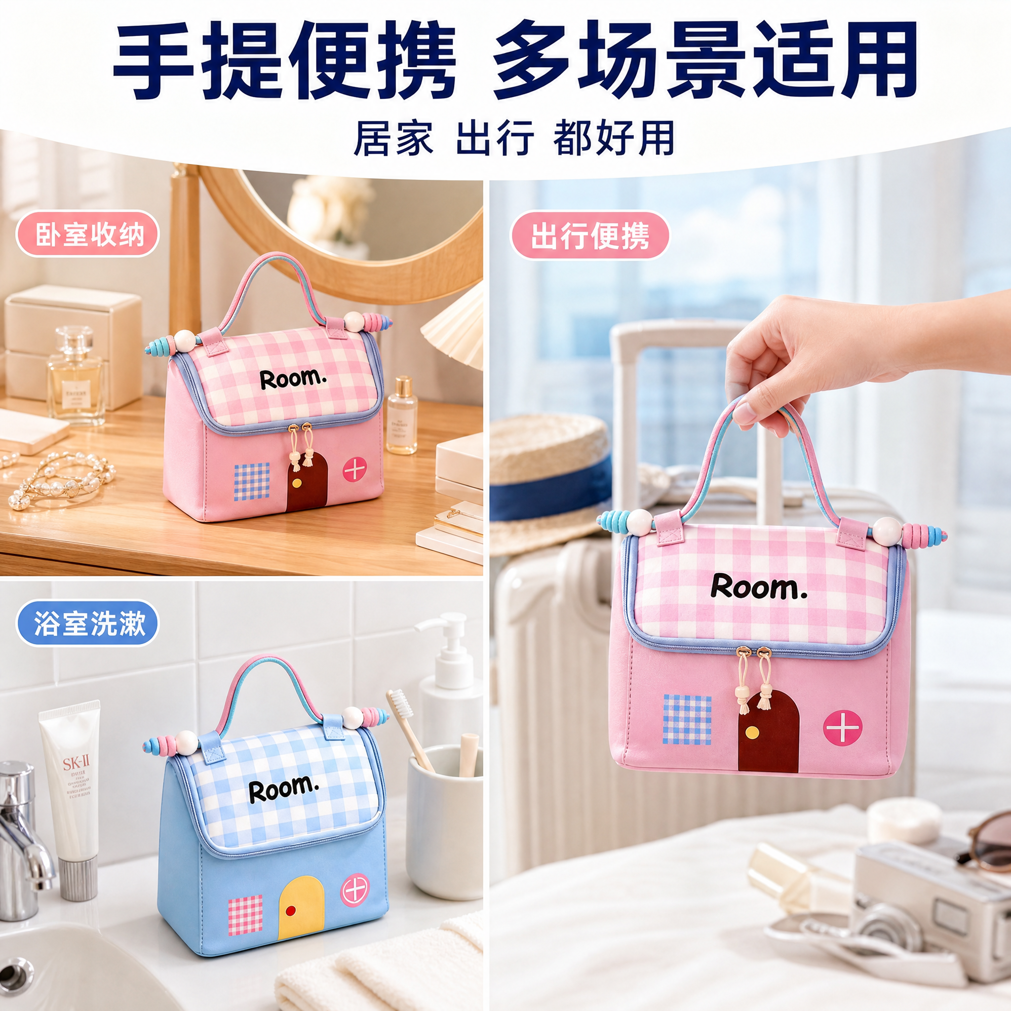 [主图-4] 小房子化妆包手提便携多场景展示。 [氛围风格]… - 图片创意预览