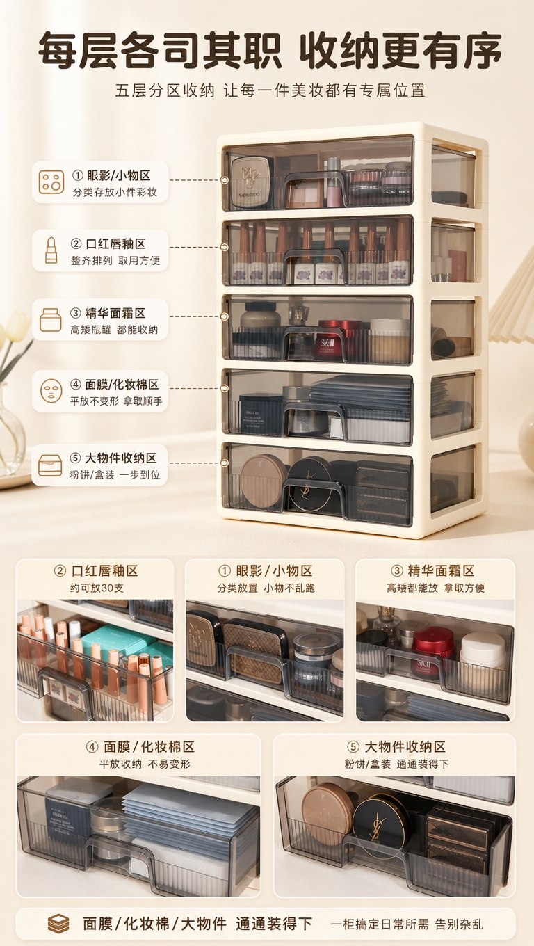 [商品] 使用【图1】【图2】奶油白五层抽屉式化妆品收纳柜；保… - 图片创意预览