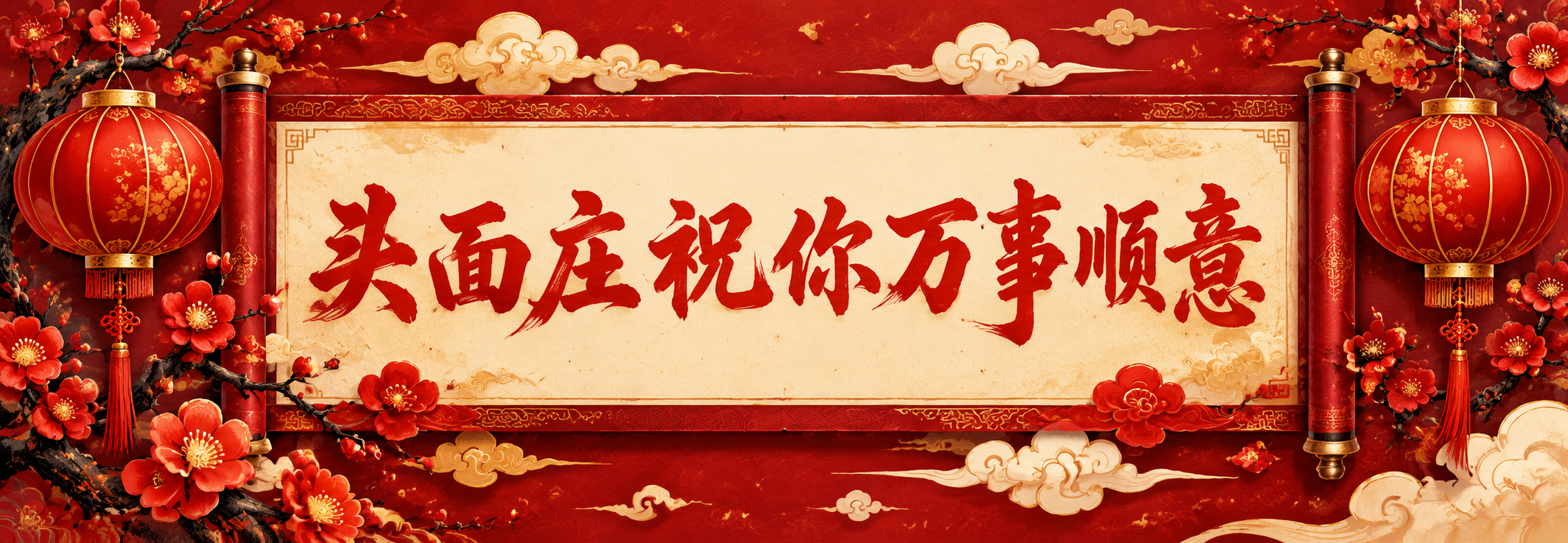 国潮风卷轴横幅插画，红色卷轴边框，中间米黄色卷轴纸面写着红色书… - 图片创意预览