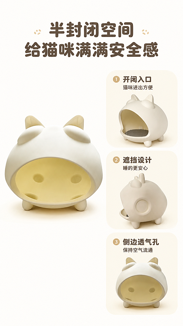 [第2屏] 详情页核心卖点屏，介绍猫屋半封闭设计的安全感优势
[氛围/风格] 简约清新奶系风格，柔和光影，宠物用品商业展示质感
[元素布局] 使用【图1】、【图5】、【图6】，展示猫屋正面全貌在画面左侧，右侧上下分别放置猫屋侧视图和背部视角小图。保持猫屋米白外壳、奶黄内衬、圆形透气孔、猫耳朵造型、短脚结构与原图一致。背景为浅米白色，搭配圆形浅棕分区卡片分别放置每个卖点文字，整体分区清晰。
[光影质感] 均匀柔和布光，每个分区光影一致，产品清晰通透，无硬阴影
[配色色系] 全局底色 #FFFFFF（纯白），卡片底色 #F9F5EB（浅奶棕），文字颜色 #665A4C（深棕），产品配色保持原图一致
[视角构图] 左大右小三分区构图，左侧大区域展示猫屋正面全景，右侧两个小区域分别展示侧面和背部，视觉动线从上到下清晰
[文字版式] 顶部主标题 "半封闭空间 给猫咪满满安全感"，居中排列，圆润暖棕色字体。三个卖点文字，每个卖点配一个小圆点：1. 开阔入口 猫咪进出方便；2. 遮挡设计 睡的更安心；3. 侧边透气孔 保持空气流通。每个卖点放在独立圆角卡片上，文字清晰不重叠。
[比例分辨率] 9:16 竖版比例，4K分辨率，文字清晰可辨
[负向提示词] 猫屋结构错误，颜色偏差，透气孔缺失，文字错乱，背景杂乱，水印