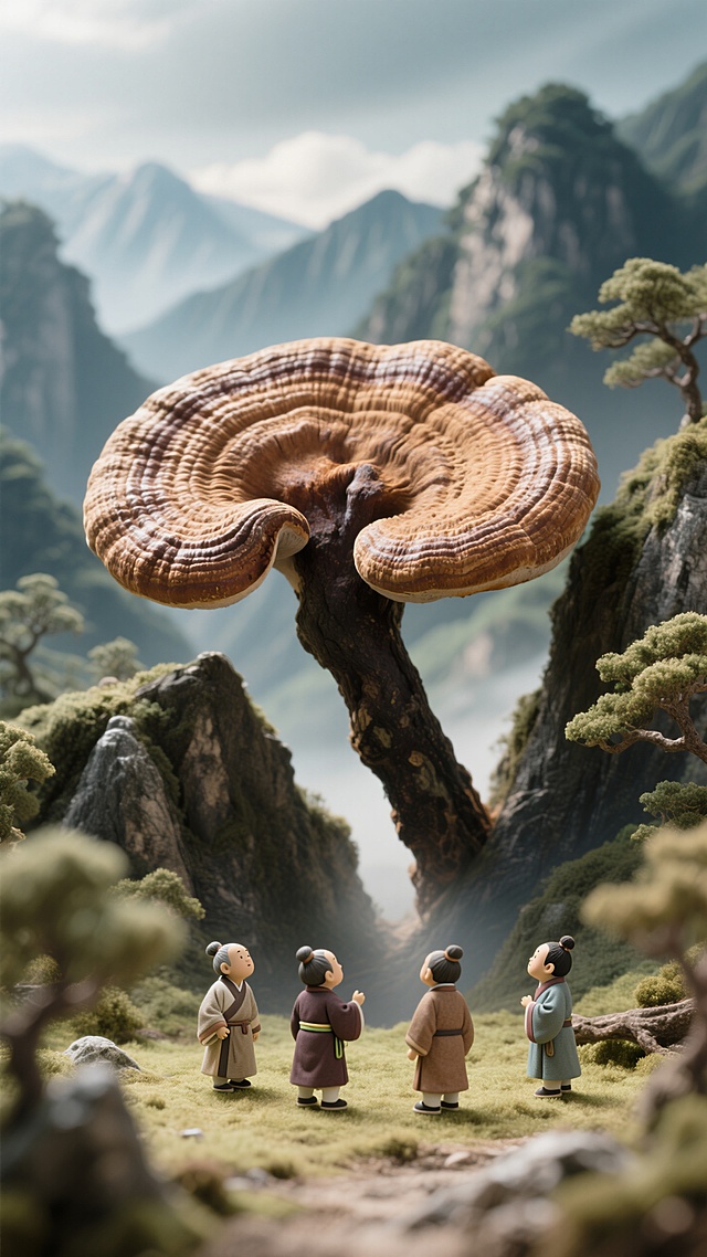 中式感梦幻3D风，卡通人物仰望巨大灵芝，超现实山景映衬，虚拟现实般奇幻。