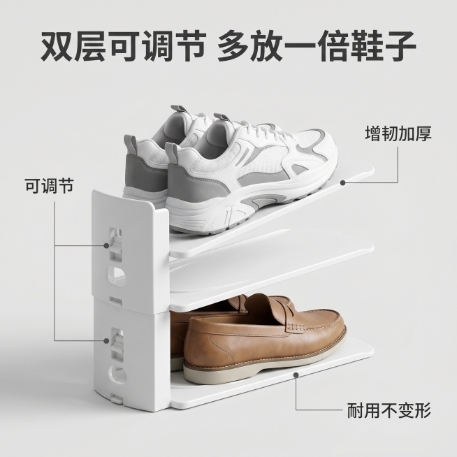 [主图 2] 双层可调节鞋托架容量结构展示图
[氛围风格] 清晰展示产品结构，突出分层可调节卖点
[画质] 商业摄影质感、光线柔和通透、产品清晰真实、画面干净高级
[元素] 双层可调节鞋托架拉开调节结预览效果