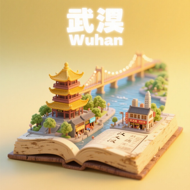 一本打开的古代书籍，书是打开的，书上是武汉城市景观微缩模型，有武汉的黄鹤楼，长江大桥，汉正街，汉口江滩，上方有中文“武汉”和英文“Wuhan”，整体画面生动，色调温暖明快，充满活力与朝气，具有梦幻感，预览效果