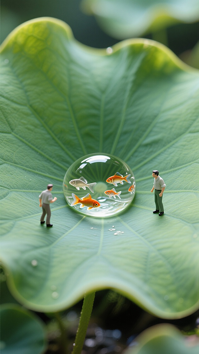 清新绿叶上，微缩人物与金鱼共舞，超现实主义风格营造梦幻氛围。