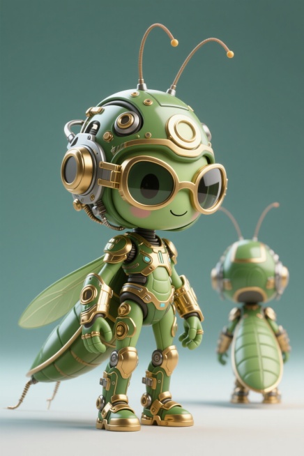 拟人化螳螂，戴着护目镜，头戴机械头盔，身穿绿色鎏金机械护甲，可爱风，C4D建模，三视图（正面、侧面、背面），超细节，精细画质，8K超清预览效果